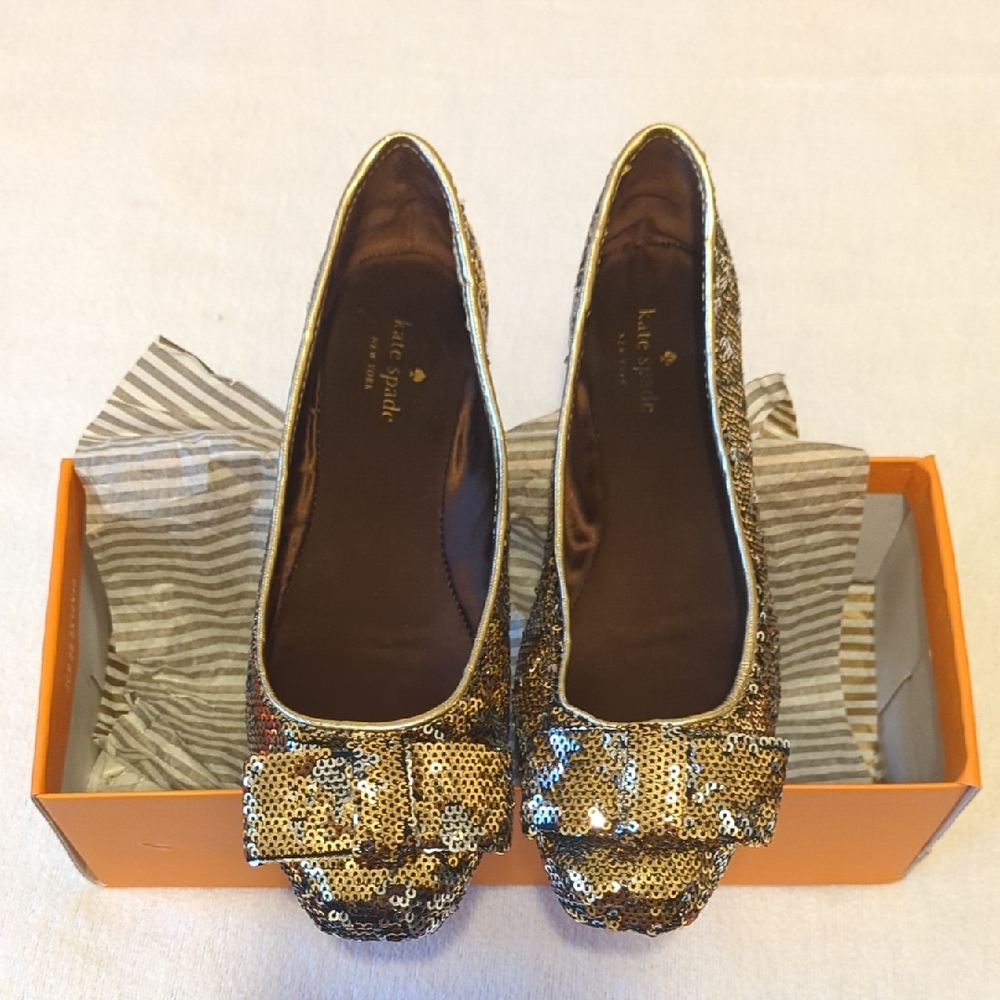 Kate Spade Gold Sequin Flats with Bow